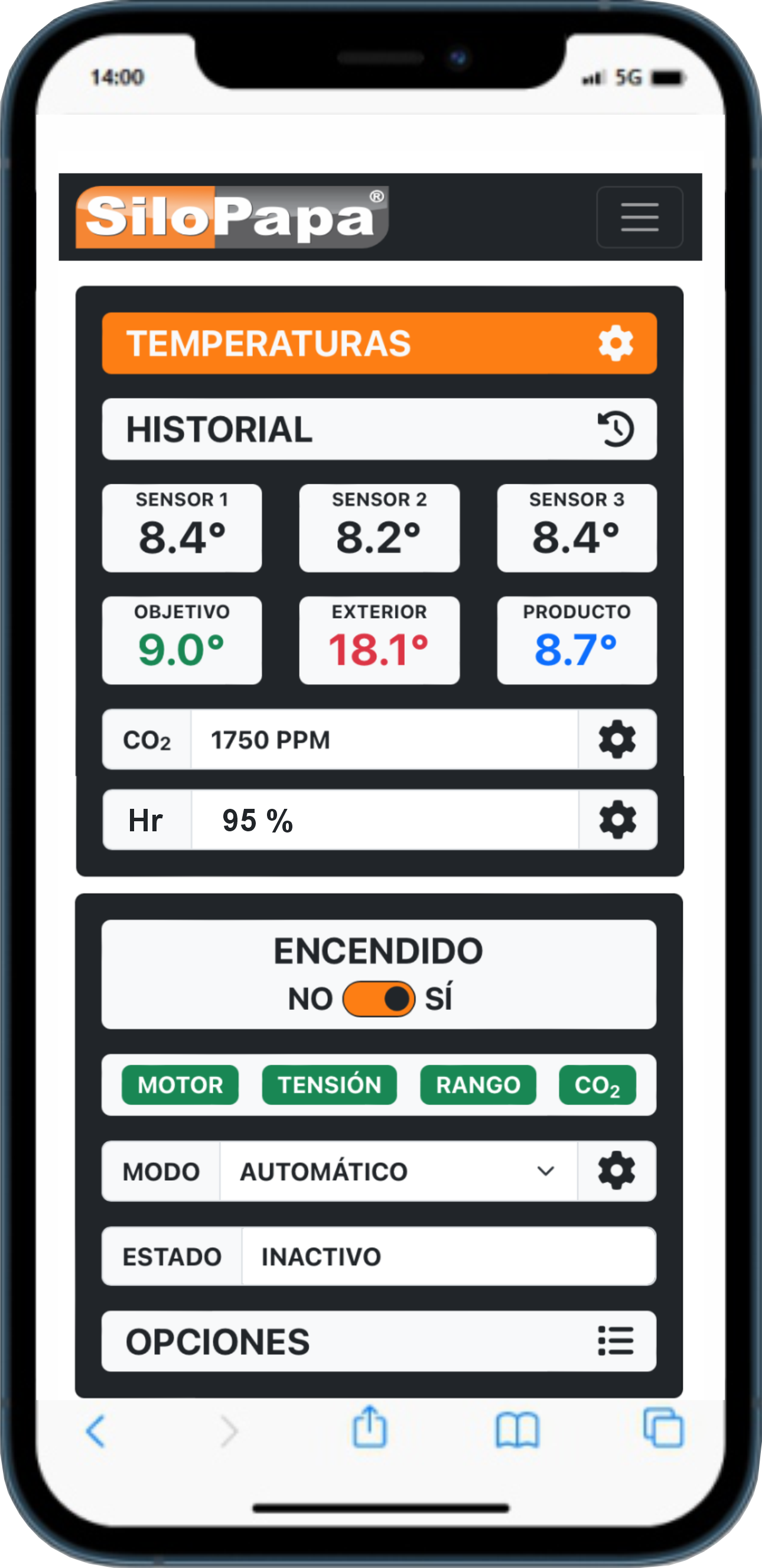 Pantalla de la app SiloPapa: sensores de temperatura, CO₂ en ppm, humedad relativa y controles de operación
